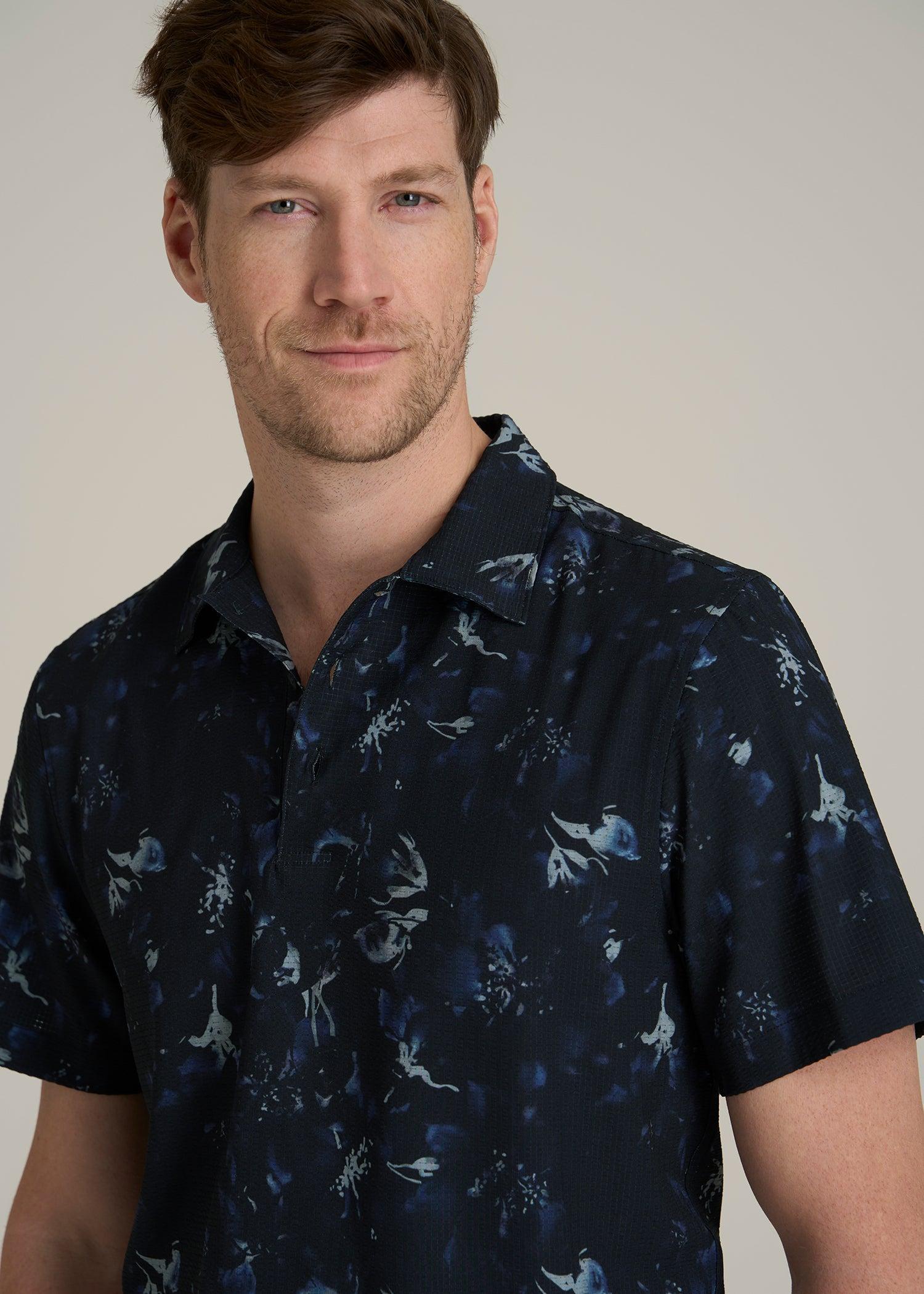 Coastal Perforated Tall Men's Polo Shirt in Black and Violet Floral Product Image