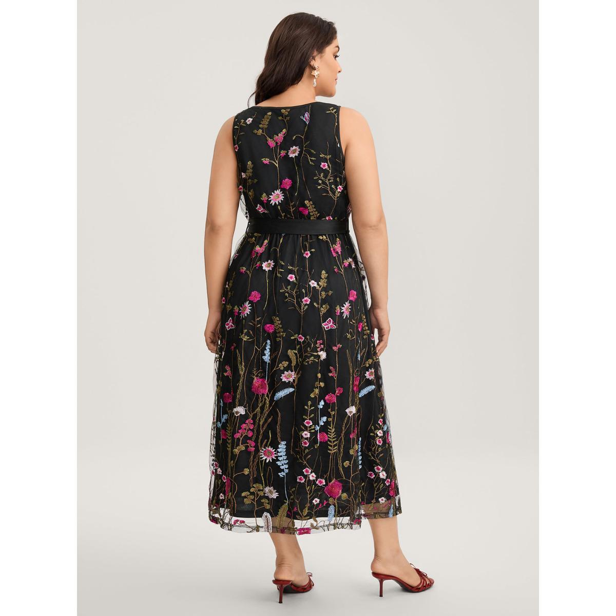 Plus Size Floral Embroidery Belted Midi Dress Black Women V-neck Sleeveless Curvy BloomChic 28/5X Product Image