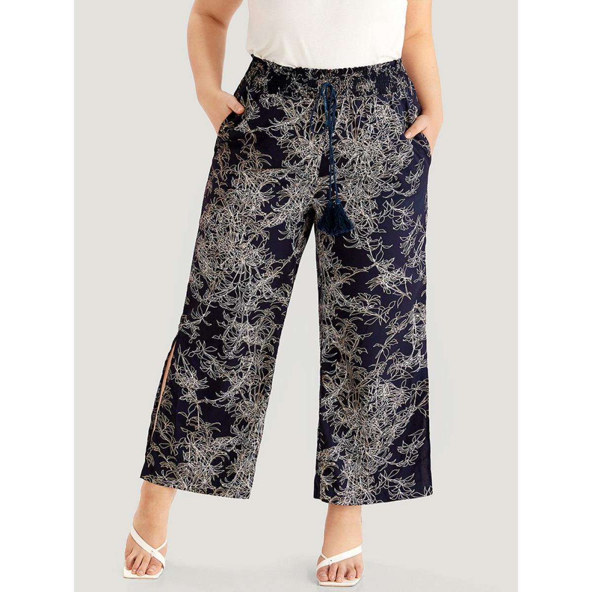 Plus Size Graphic Print Shirred Split Side Tassels Ties Pants Women Indigo Elegant Straight Leg High Rise Dailywear Pants BloomChic 30/6X Product Image