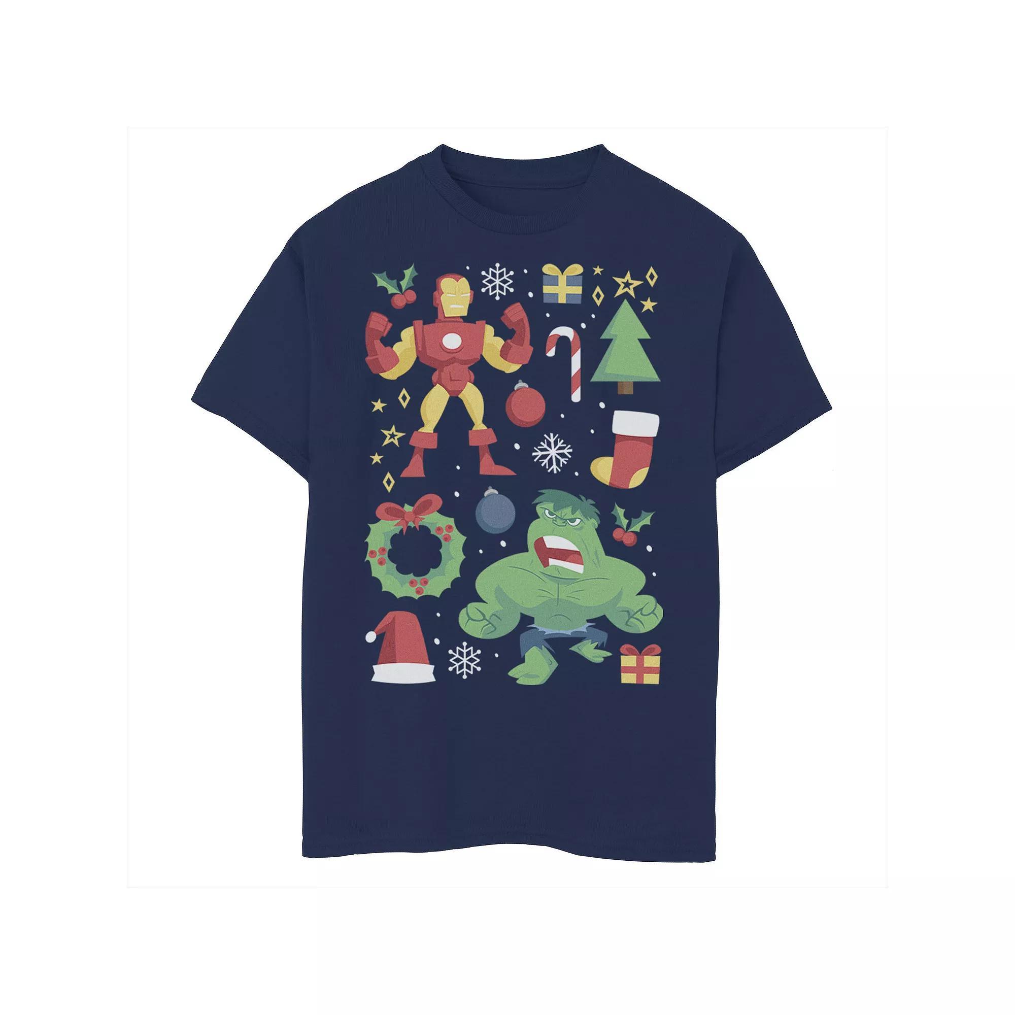 Boys 8-20 Marvel Avengers Iron Man And Hulk Holiday Collage Graphic Tee, Boy's, Size: Small, Blue Product Image