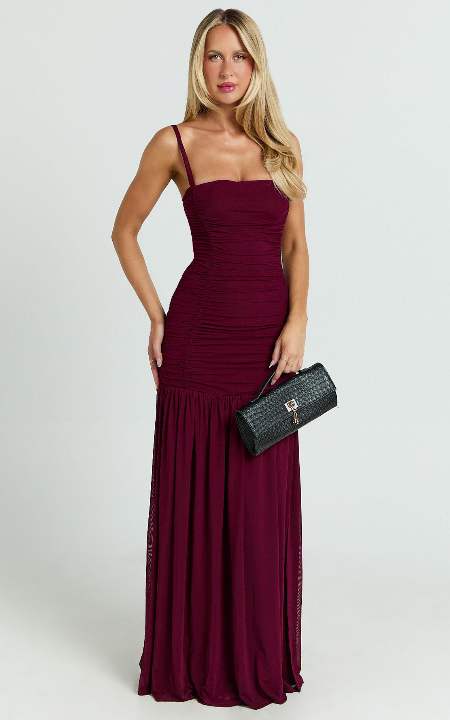 Cardi Maxi Dress - Ruched Mesh High Leg Split Dress in Wine Product Image