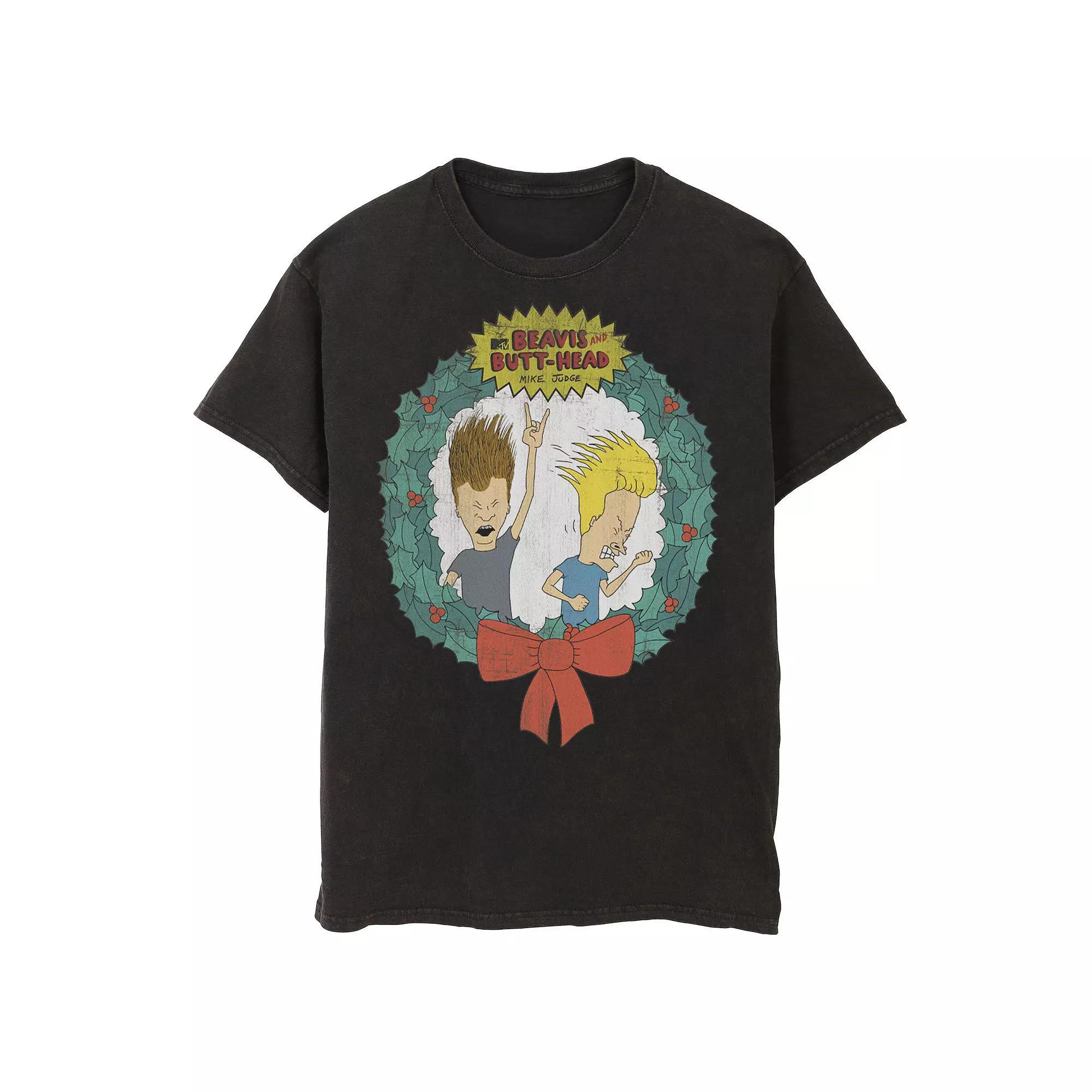 Men's Cartoon Network Beavis and Butthead Christmas Wreath Tee, Size: Large, Grey Heather Product Image