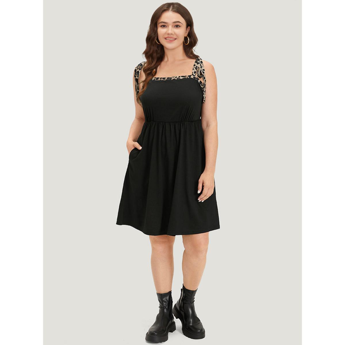 Plus Size Supersoft Essentials Leopard Patchwork Elastic Waist Pocket Cami Dress Black Women Casual Adjustable Straps Spaghetti Strap Sleeveless Curvy Knee Dress BloomChic 12/L Product Image