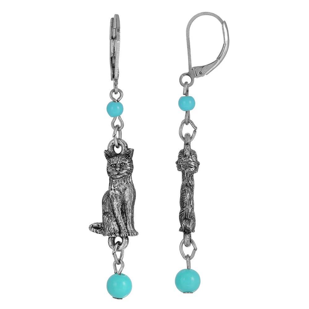 1928 Silver Tone Simulated Turquoise Bead Cat Drop Earrings, Womens, Blue Product Image