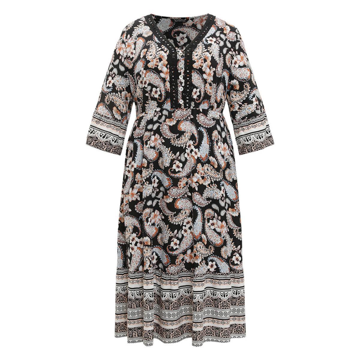 Plus Size Floral & Paisley Print Elastic Waist Button Detail Dress Black Women Vacation Printed V-neck Elbow-length sleeve Curvy Midi Dress BloomChic 14-16/1X Product Image