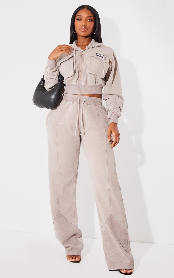 PRETTYLITTLETHING Shape Taupe Washed Cargo Cropped Hoodie Product Image