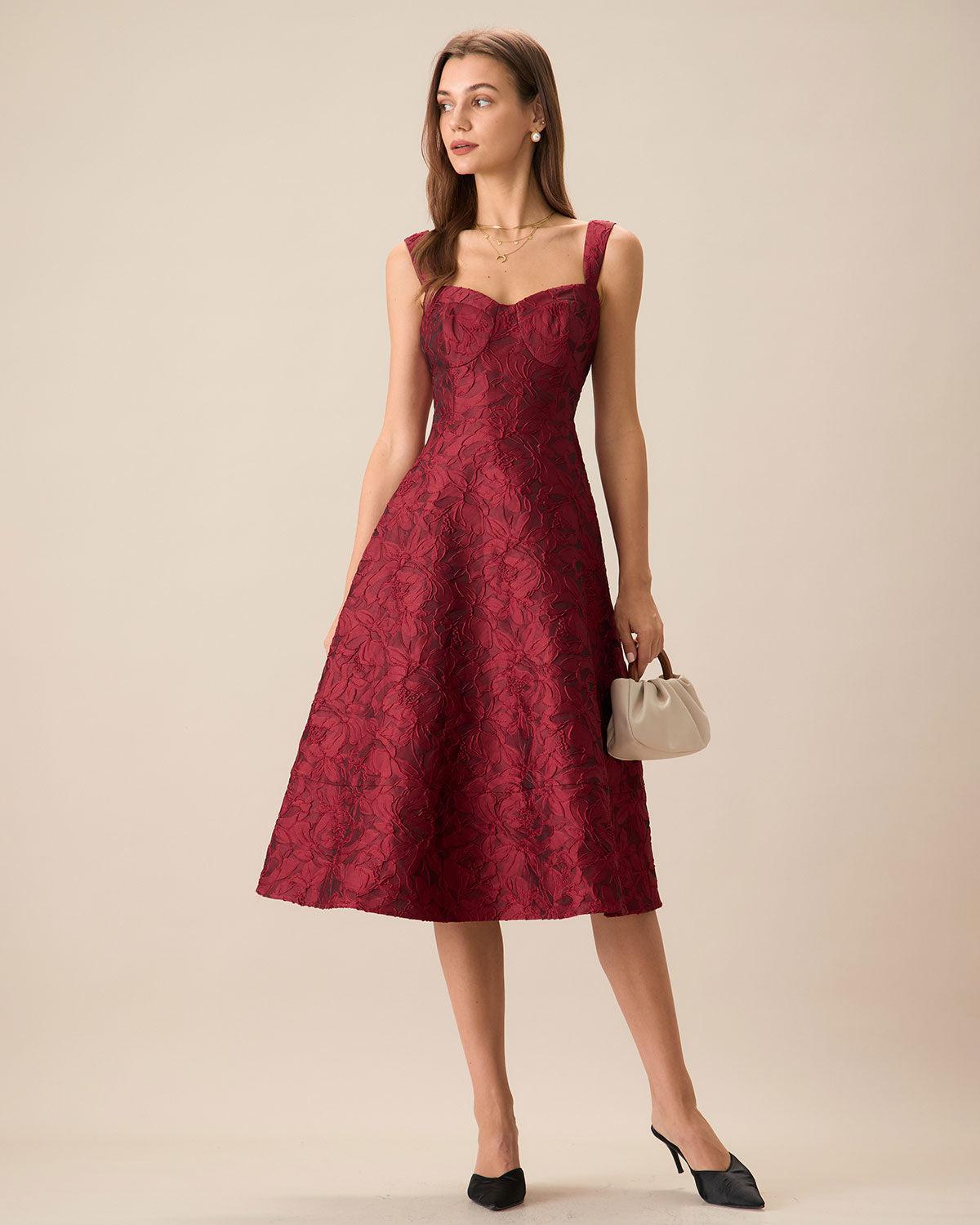 Green Sweetheart Neck Jacquard Midi Dress Product Image