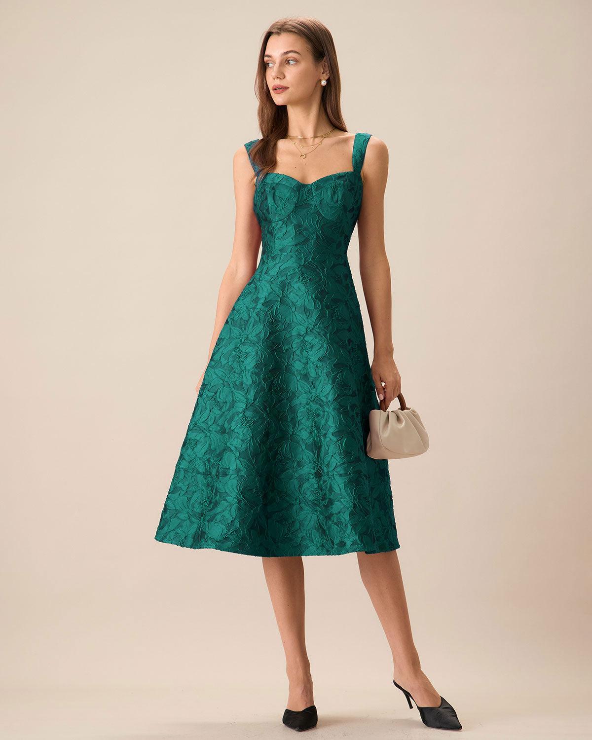 Green Sweetheart Neck Jacquard Midi Dress Product Image