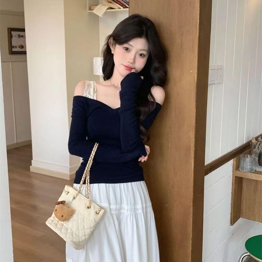 Mock Two-Piece Long-Sleeve Cold-Shoulder Lace Panel Knit Top Product Image