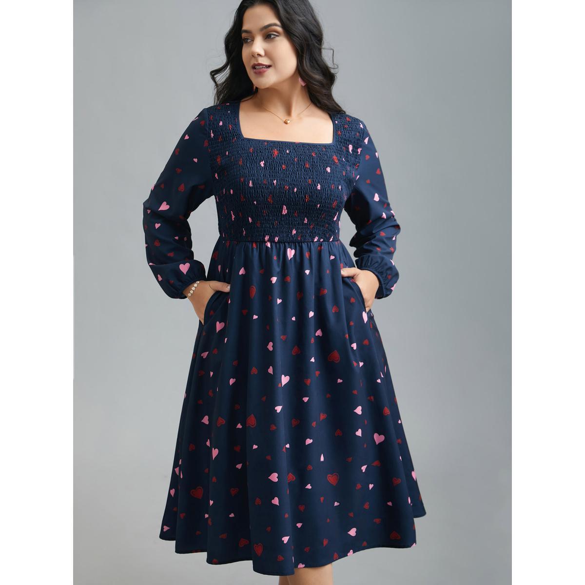 Plus Size Square Neck Shirred Hearts Midi Dress Indigo Women Elegant Shirred Square Neck Long Sleeve Curvy BloomChic 14-16/1X Product Image