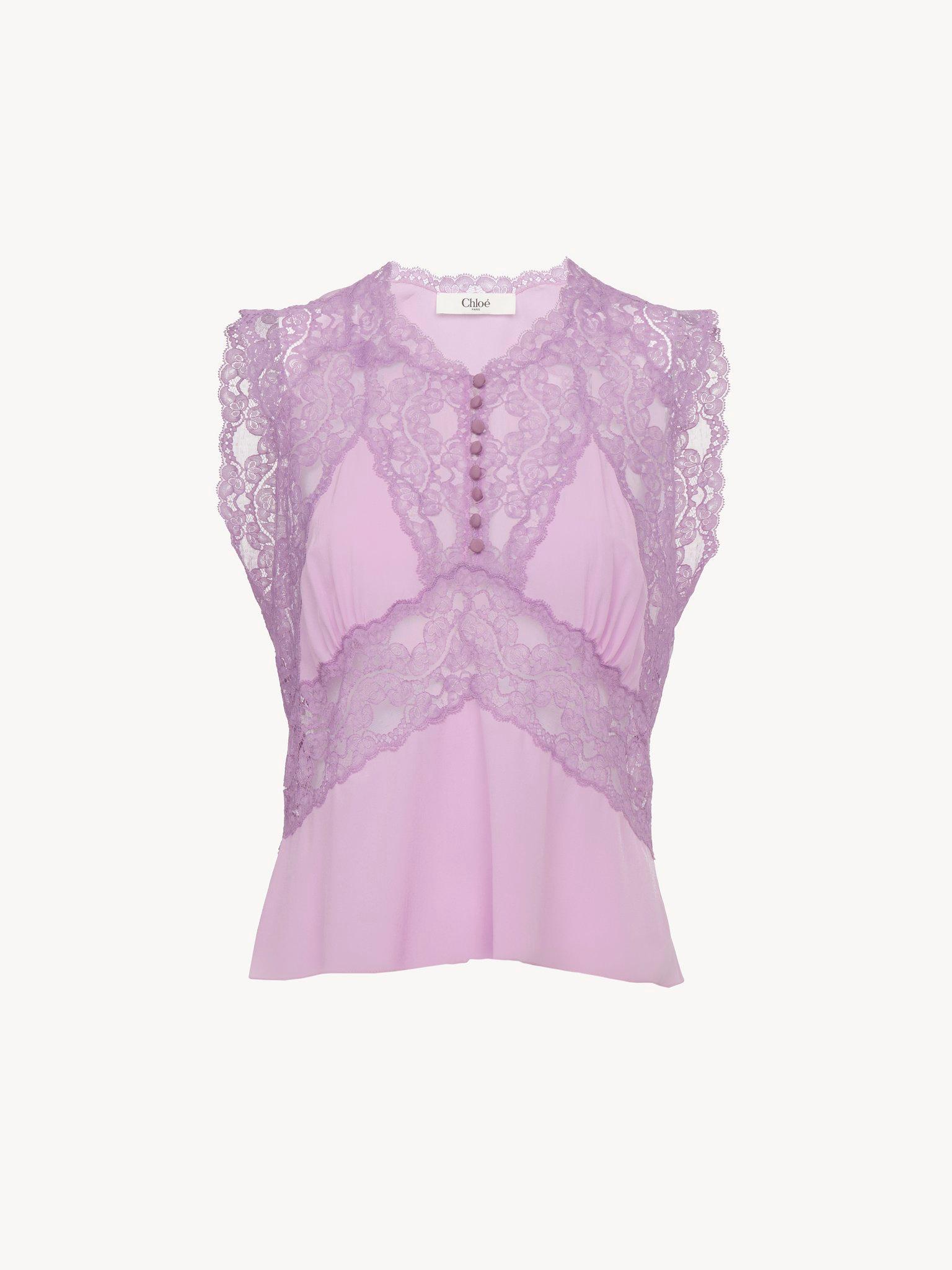 V-neck top in crêpe de chine & lace Product Image