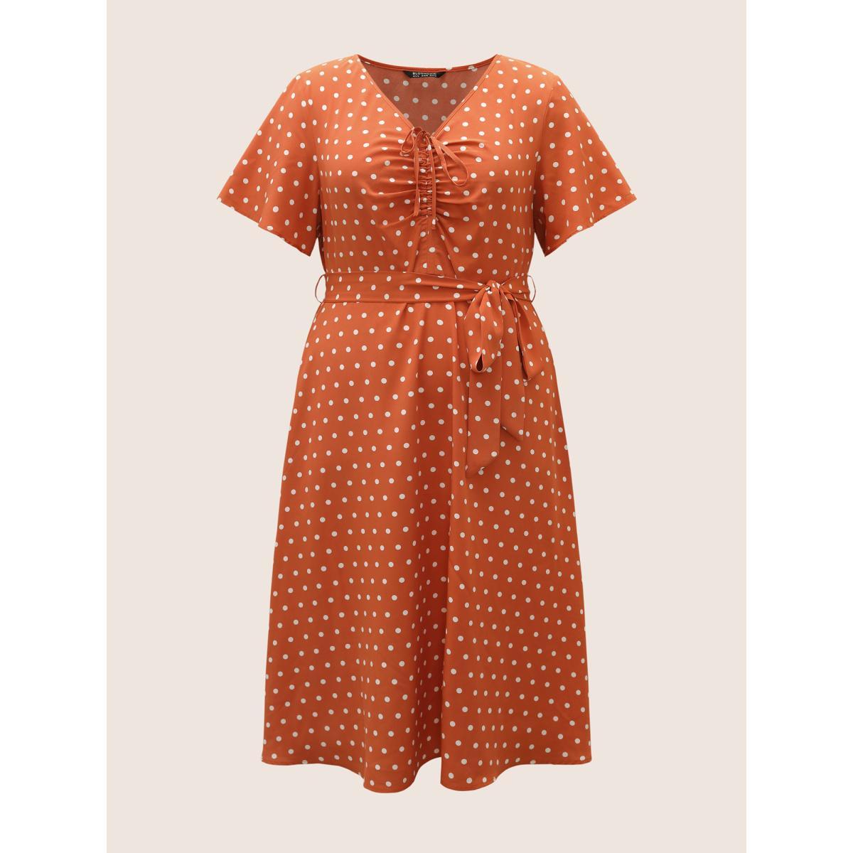 Plus Size Polka Dot Drawstring Belted Ruffle Sleeve Dress OrangeRed Women Elegant Non V-neck Short sleeve Curvy Midi Dress BloomChic 22-24/3X Product Image