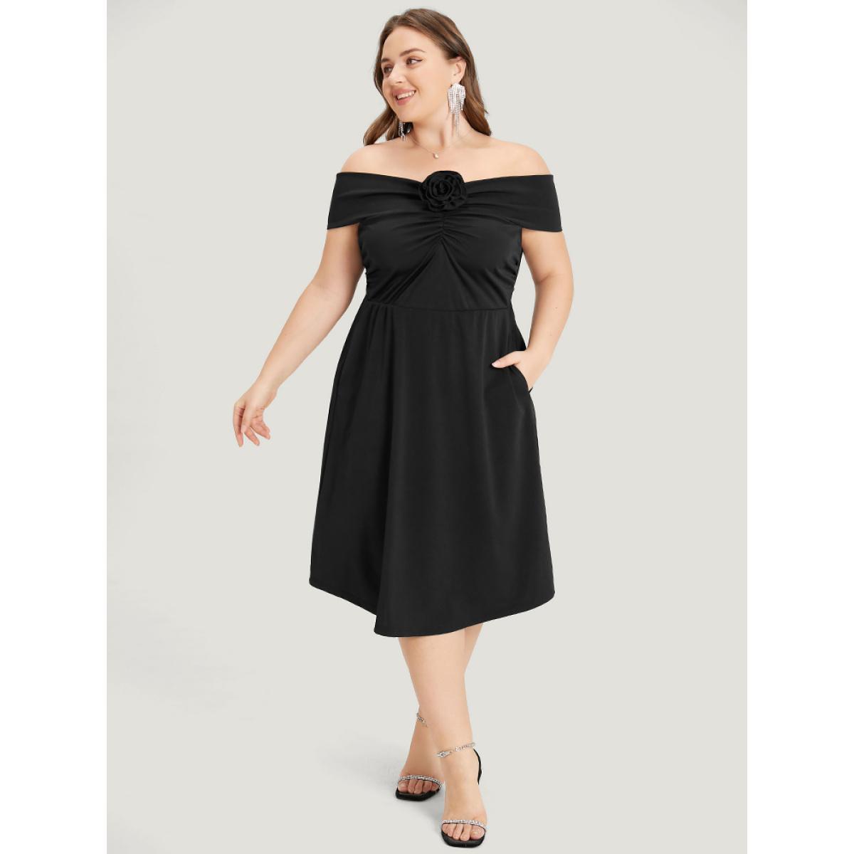 Plus Size Solid Pocket Floral Detail Ruched Off Shoulder Dress Black Women Glamour Gathered One-shoulder neck Sleeveless Curvy Midi Dress BloomChic 18-20/2X Product Image