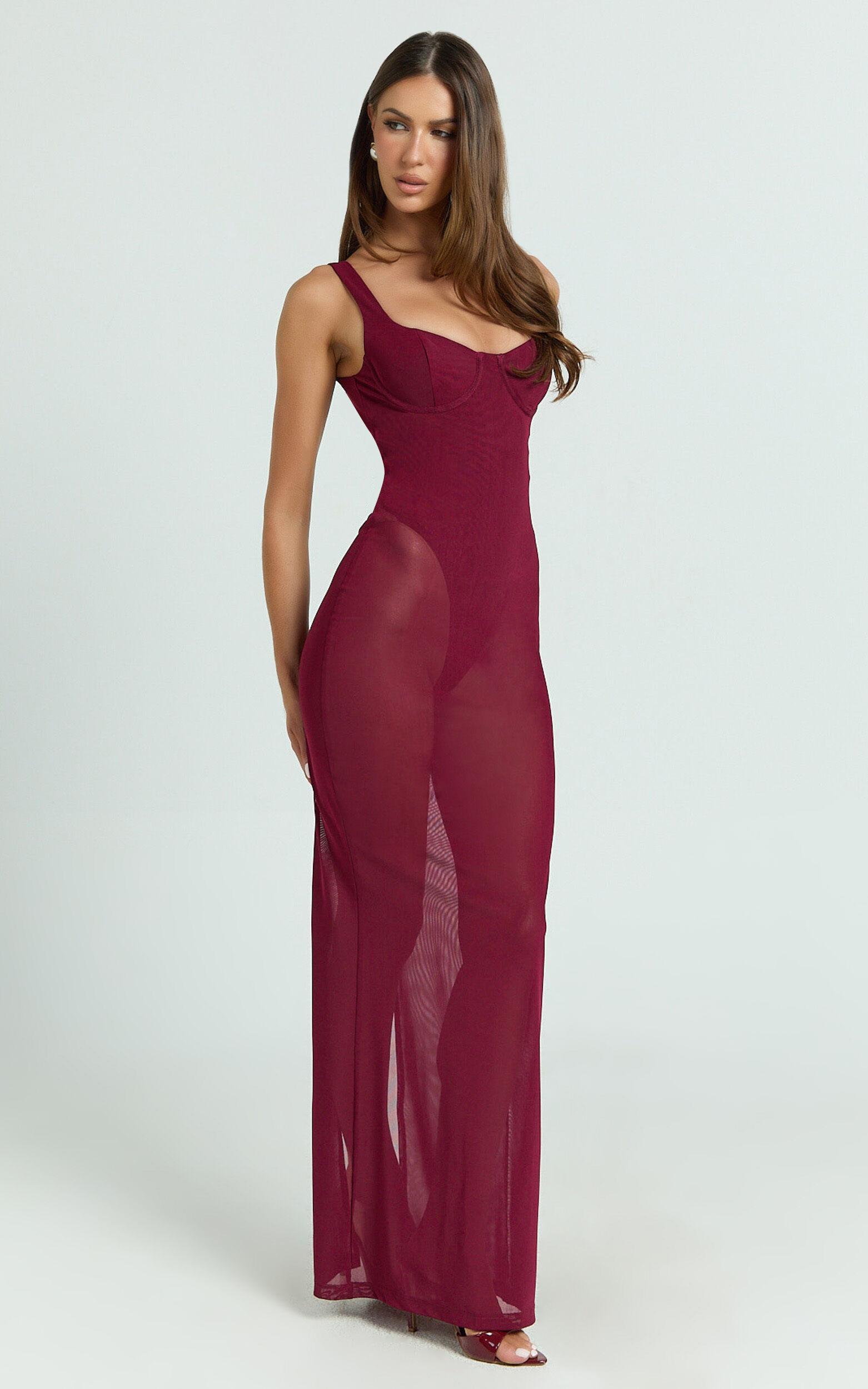 Laney Maxi Dress - Mesh Sweetheart Neck Bodycon Dress in Wine Product Image