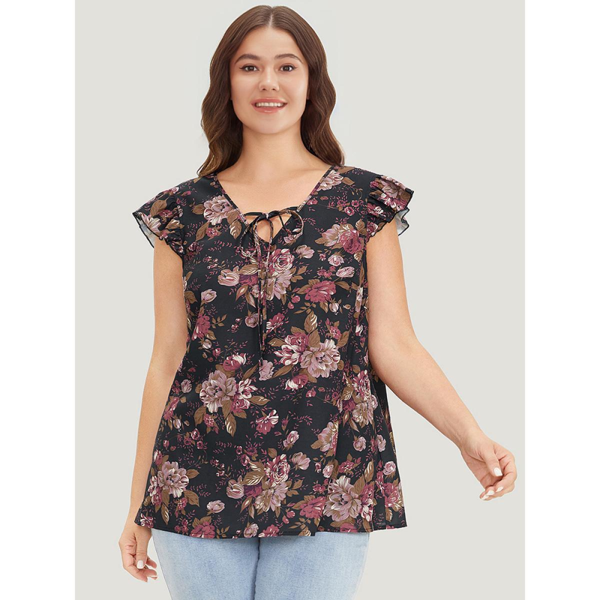 Plus Size Floral Print Tie Neck Flutter Trim Tank Top Women Black Elegant Cross straps Tie Neck Dailywear Tank Tops Camis BloomChic 30/6X Product Image