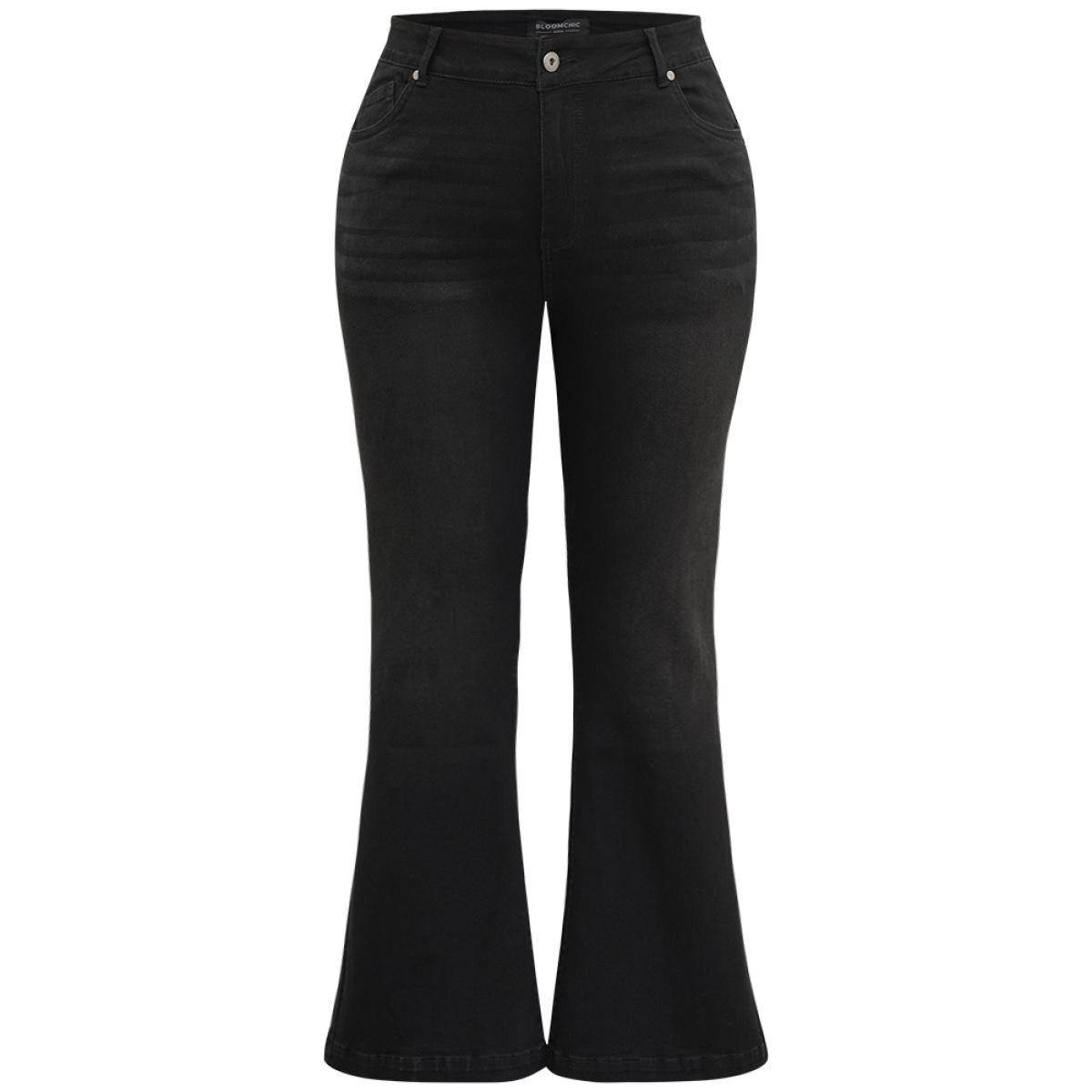 Plus Size Flare Leg High Rise Full Length Jeans Women Black Casual Plain Plain High stretch Pocket Jeans BloomChic 22/3X Product Image