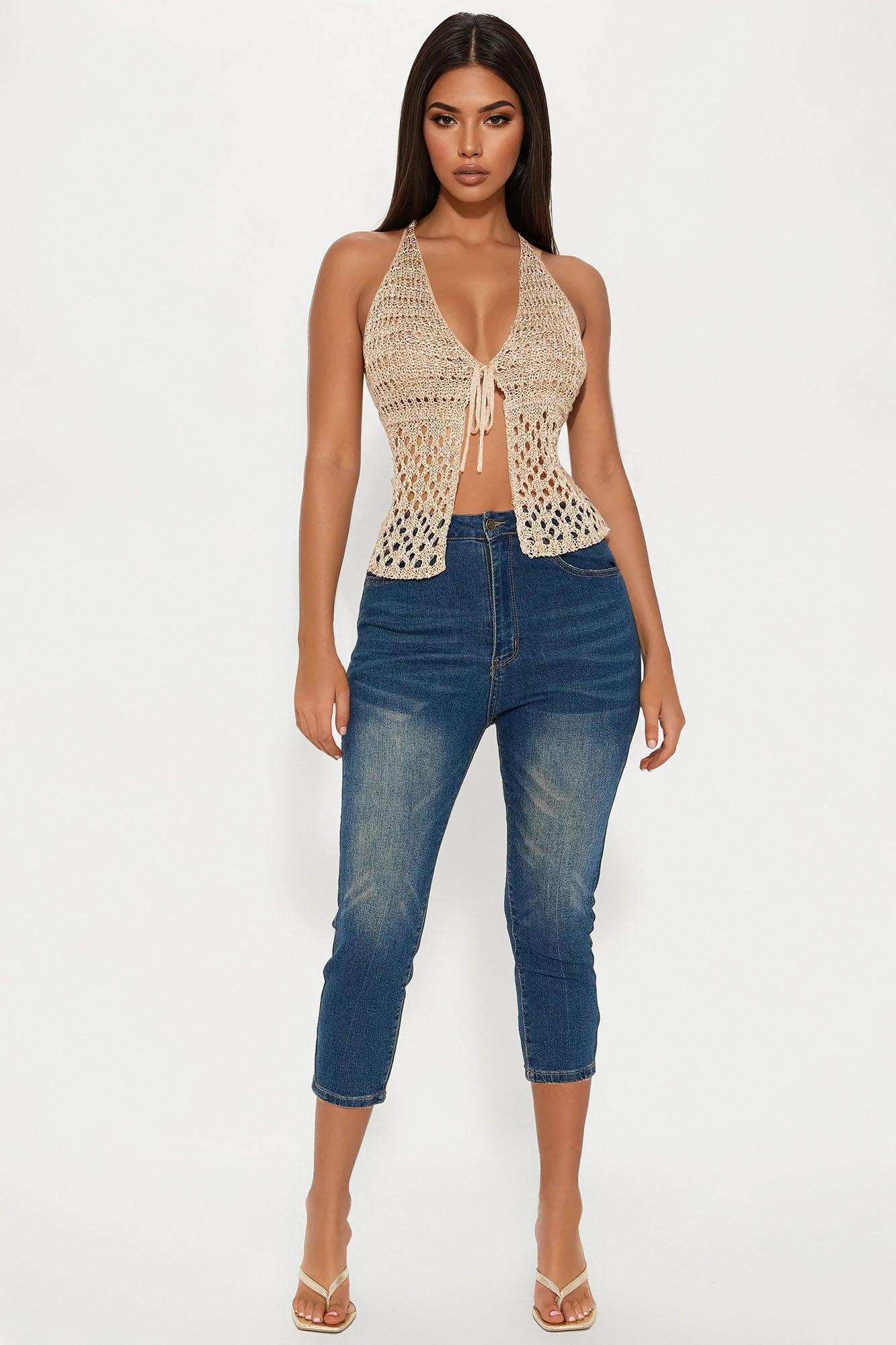 Lani Crochet Tie Front Top - Gold Product Image