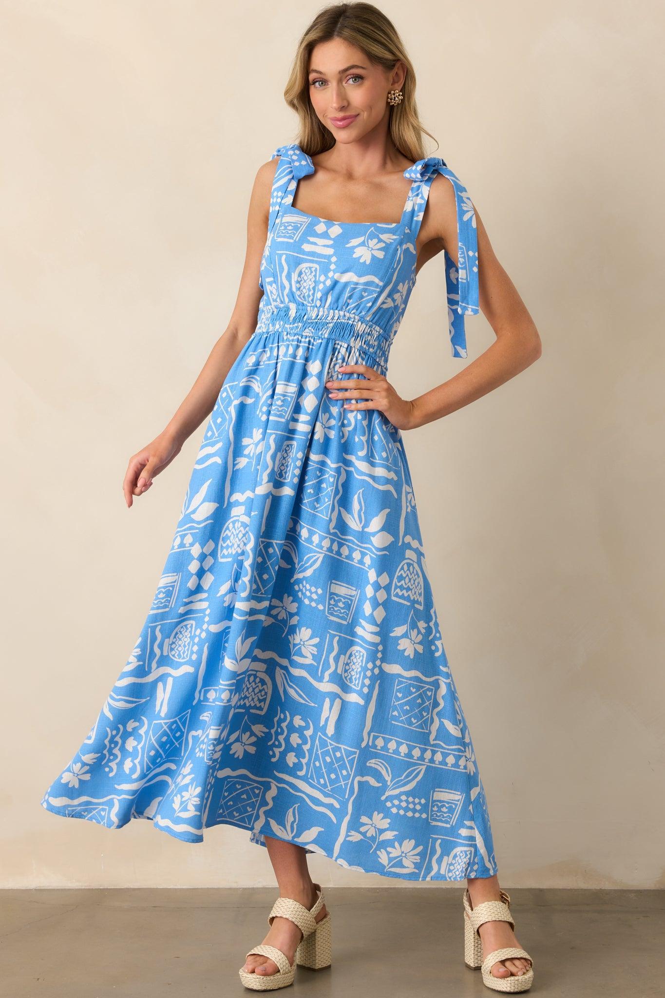 For The Fun Of It Blue Tropical Print Maxi Dress Product Image