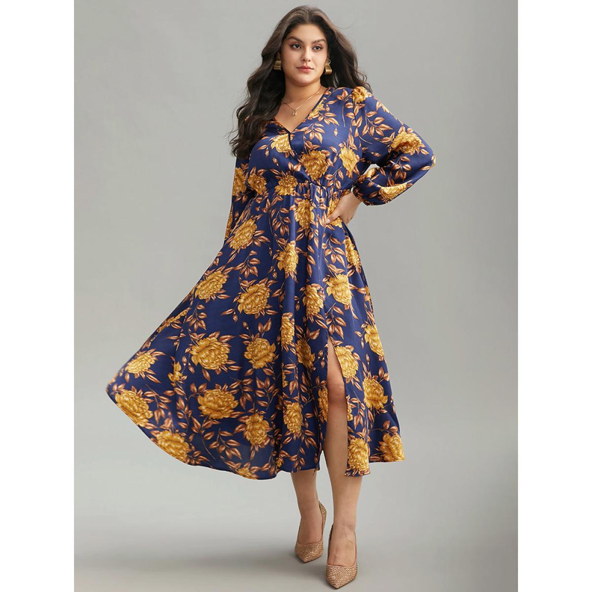 Plus Size Floral Elastic Waist Wrap Split Hem Dress DarkBlue Women Elegant Elastic cuffs Overlap Collar Long Sleeve Curvy Midi Dress BloomChic 26/4X Product Image