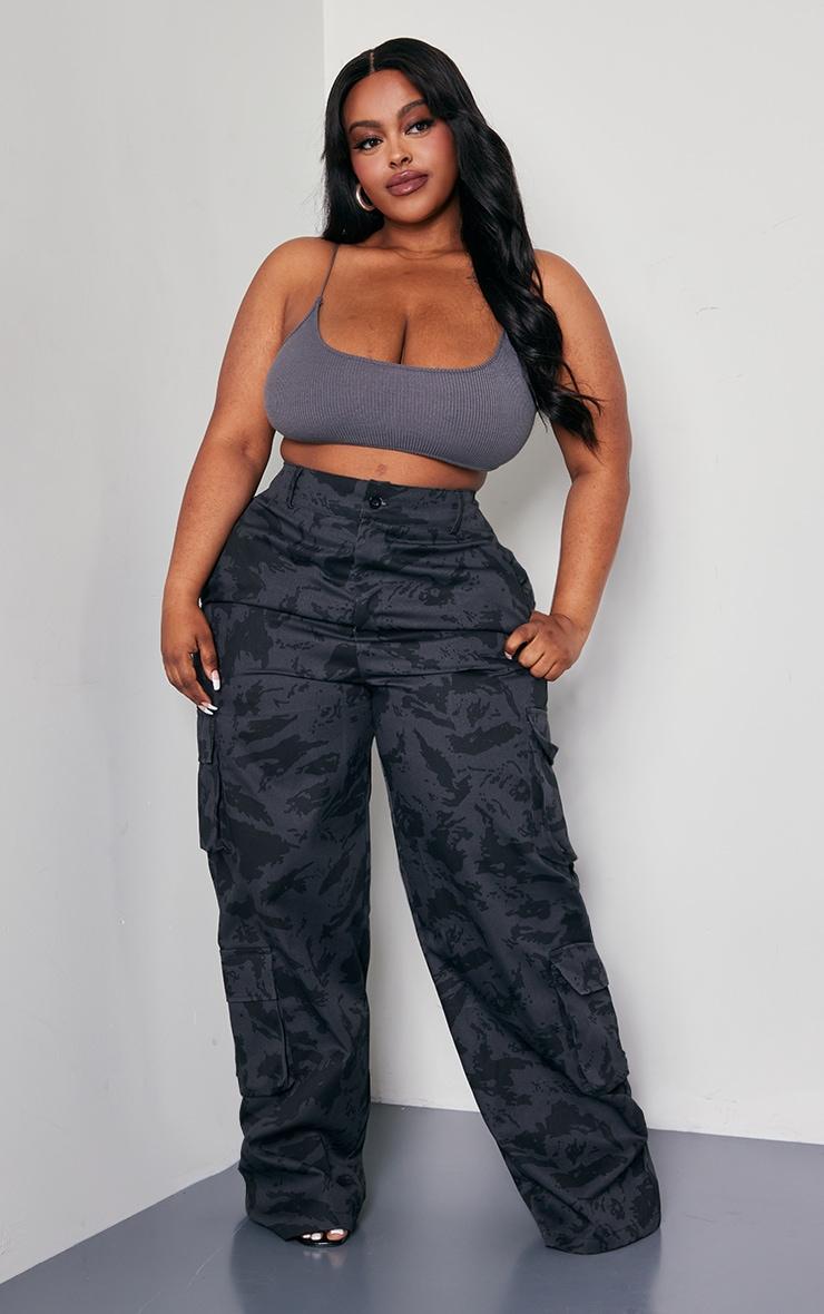 Plus Black Camo Cargo Pants Product Image