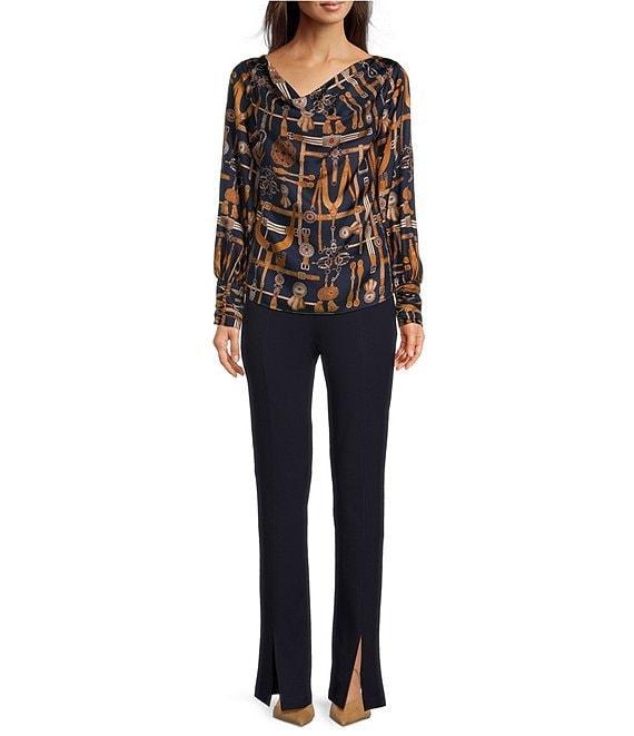 tyler boe Olivia Equestrian Silk Twill Printed Draped Cowl Neck Long Sleeve Blouse Product Image