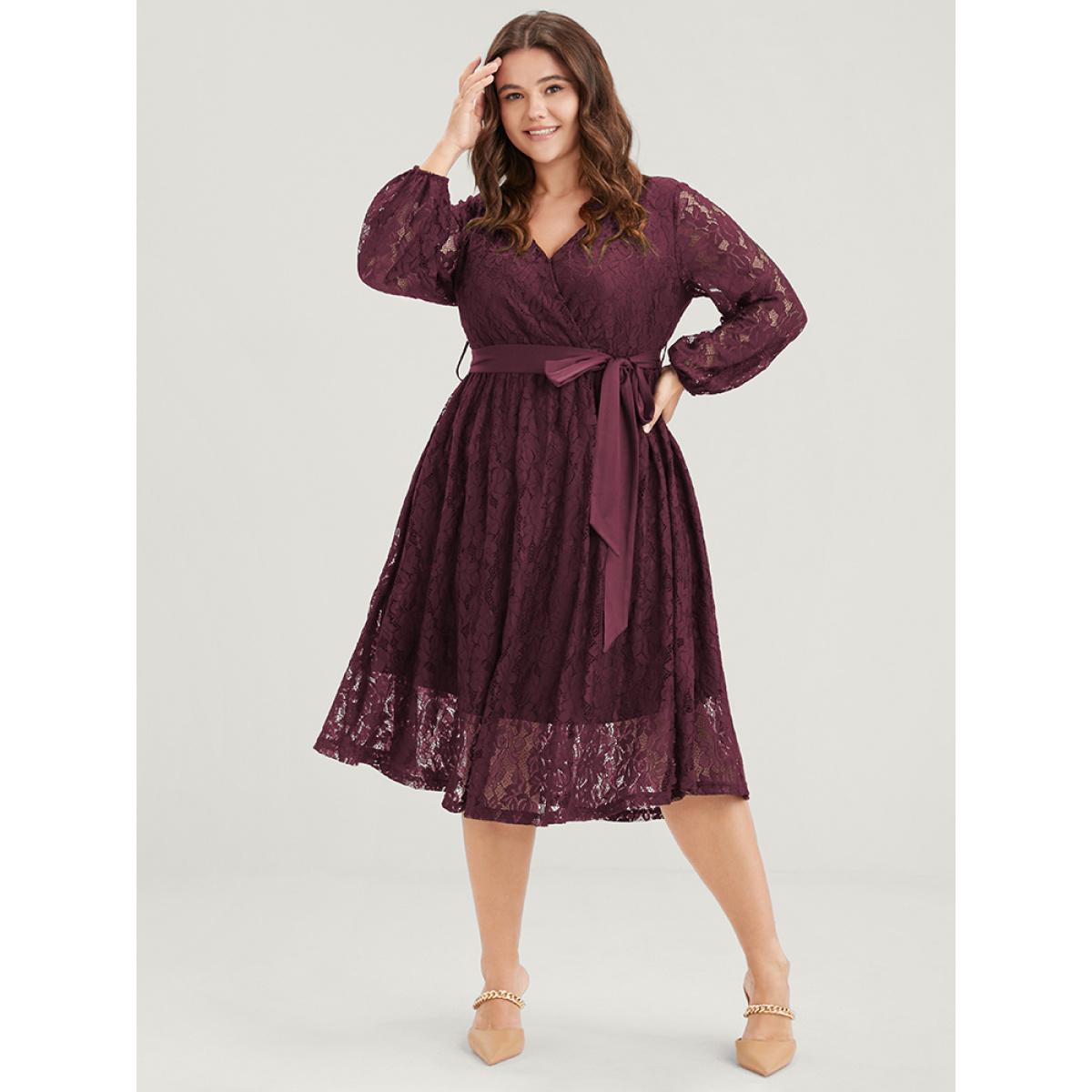 Embroidered Elegant Plus Size Women Going out Plain Midi Dress Ties Slightly Stretchy Lantern Sleeve Long Sleeve V Neck Belt Glamour Dresses BloomChic Product Image