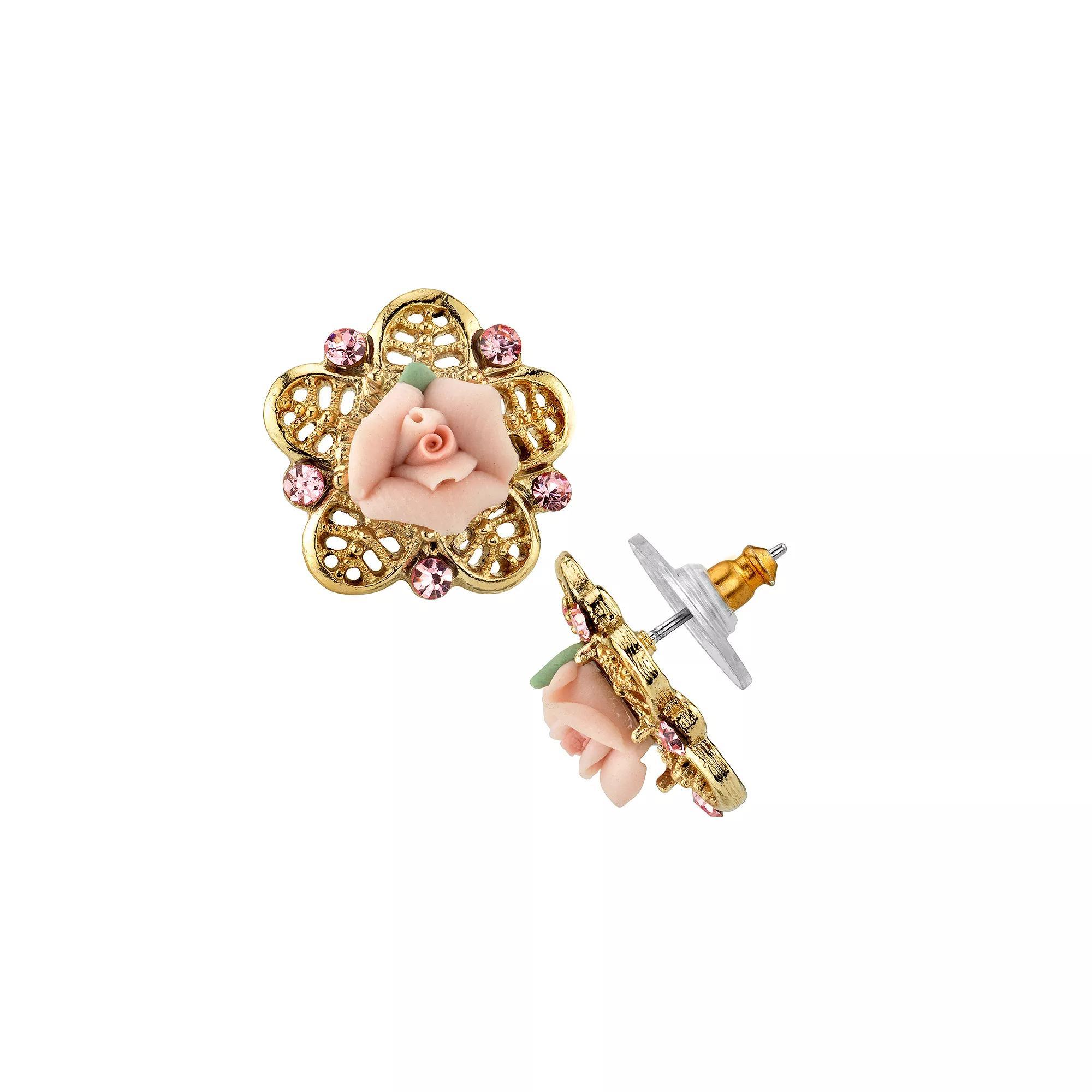 1928 Pink Porcelain Rose & Simulated Crystal Stud Earrings, Womens Product Image