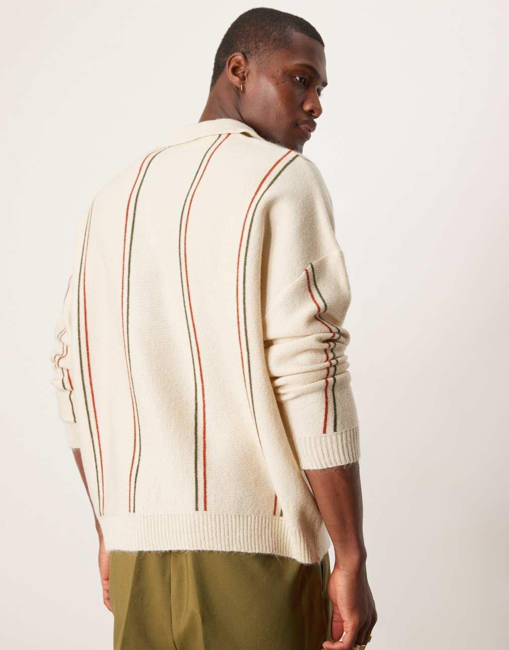 ASOS DESIGN oversized boxy notch neck striped polo in stone Product Image