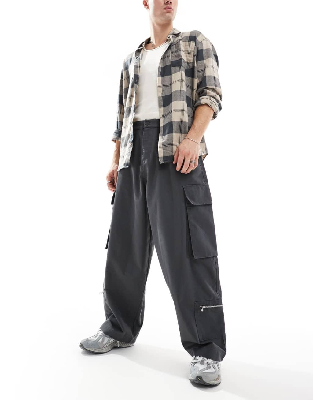 ASOS DESIGN oversized baggy cargo pants with zip details in charcoal Product Image