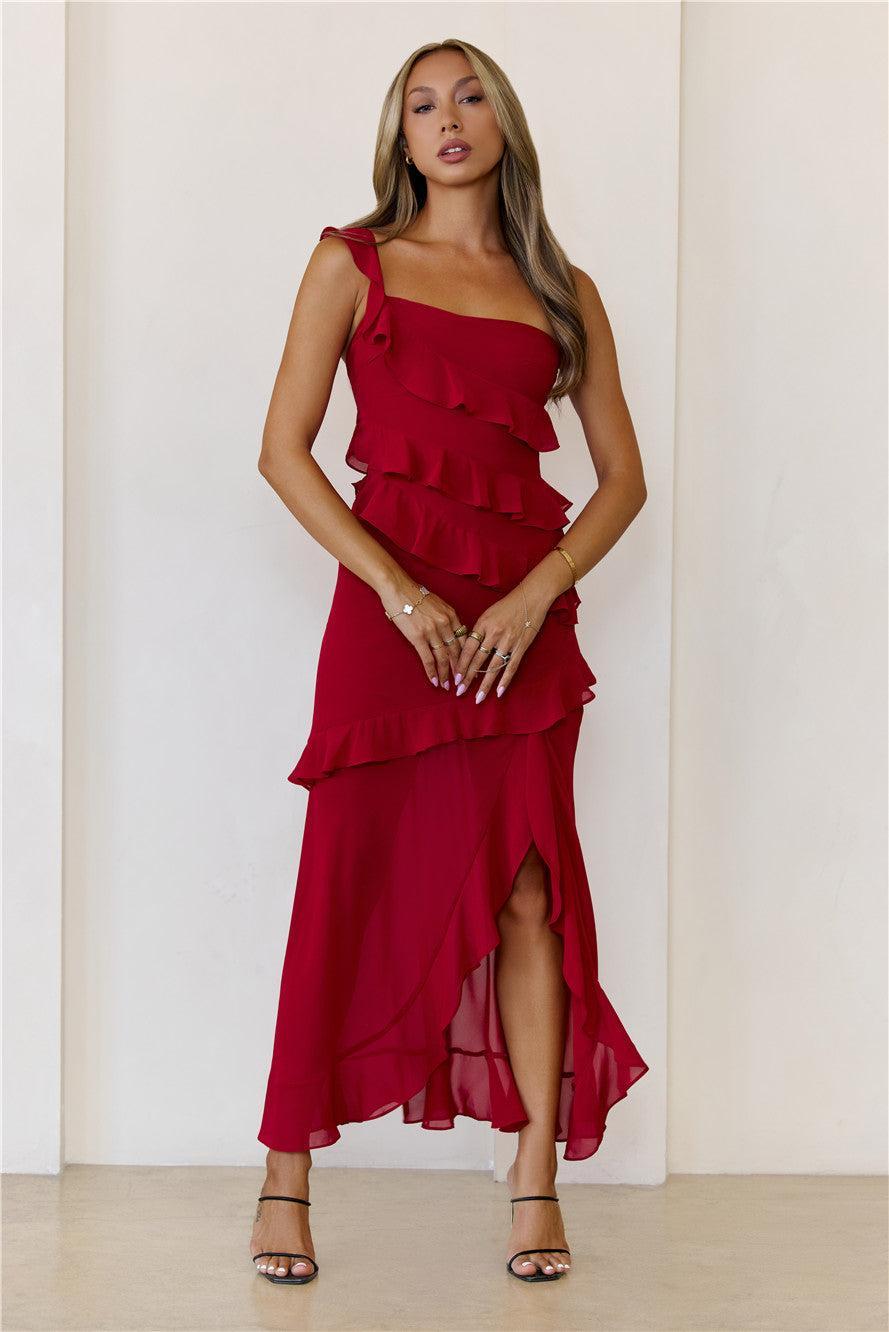 Out Late Look Great One Shoulder Maxi Dress Red Product Image