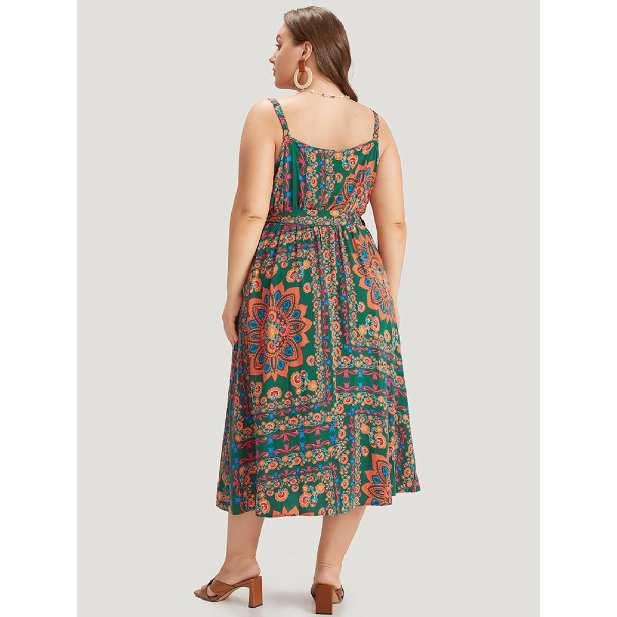 Plus Size Boho Print Belted Split Hem Pocket Cami Dress DarkGreen Women Vacation Gathered V-neck Sleeveless Curvy Midi Dress BloomChic 30/6X Product Image