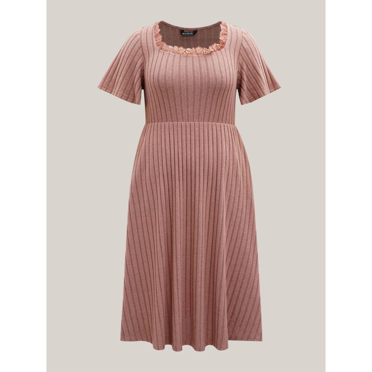 Plus Size Ribbed Ruffled Lace Edges Midi Dress Dirtypink Women Casual Woven ribbon&lace trim Knit Dresses Bloomchic 14-16/1X Product Image