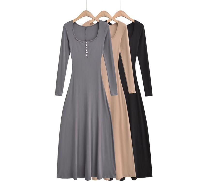 Long-Sleeve Henley Plain Maxi A-Line Dress Product Image
