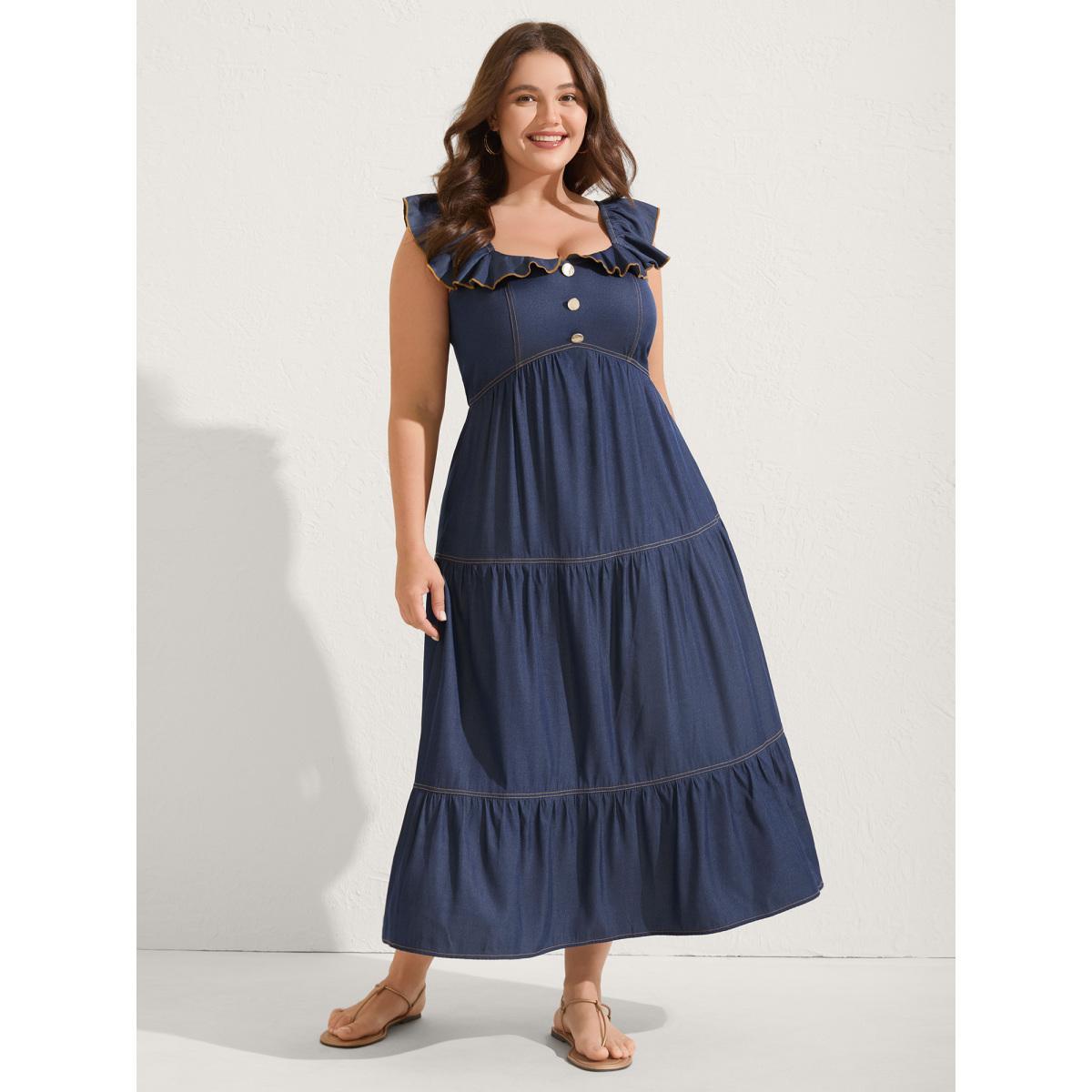 Plus Size Denim-Like Ruffled Tiered Midi Dress Indigo Women Square Neck Cap Sleeve Curvy BloomChic 26/4X Product Image