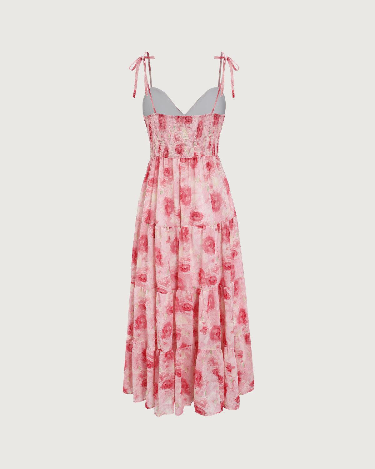 Pink Floral Tie Strap Midi Dress Product Image