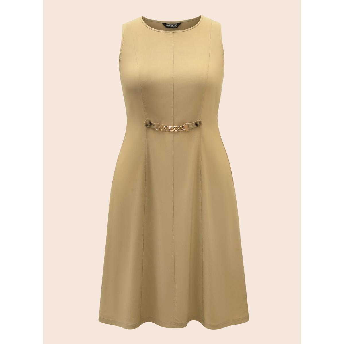 Plus Size Round Neck Metal Chain Detail Tank Dress Champagne Women Elegant Non Round Neck Sleeveless Curvy BloomChic 22-24/3X Product Image