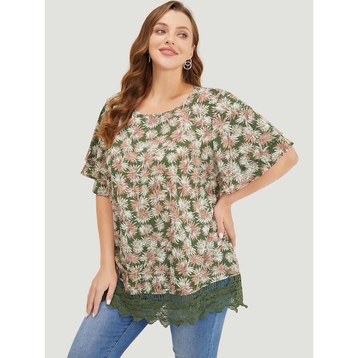 Plus Size Sage Plant Print Tiered Sleeve Lace Hem Blouse Women Vacation Short sleeve Round Neck Dailywear Blouses BloomChic 28/5X Product Image