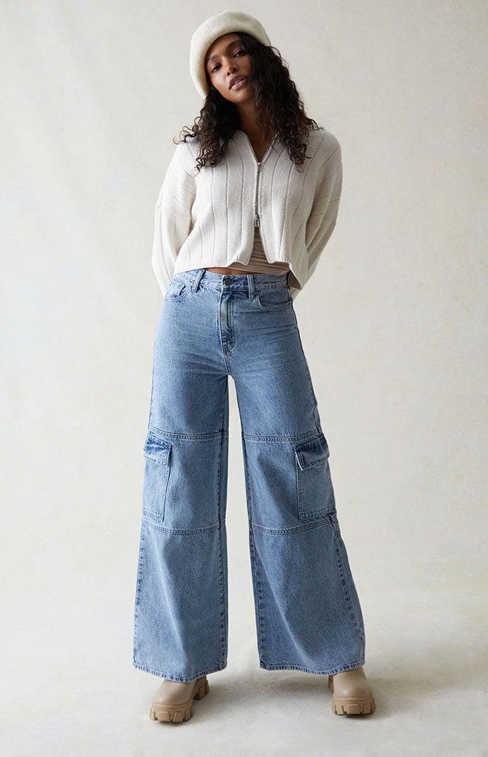Womens Light Indigo Extreme Wide Leg Cargo Jeans Product Image