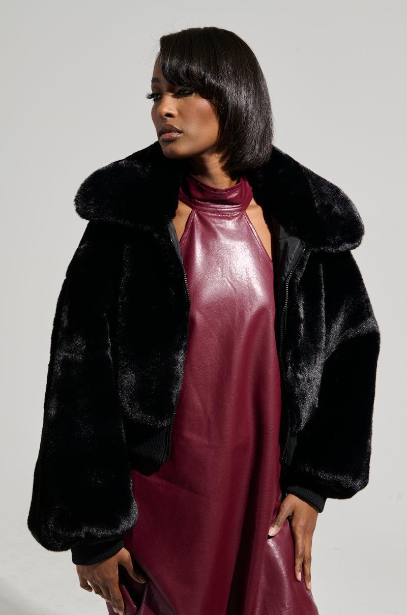 DREW FAUX FUR BOMBER WITH RIB TRIM IN BLACK Product Image