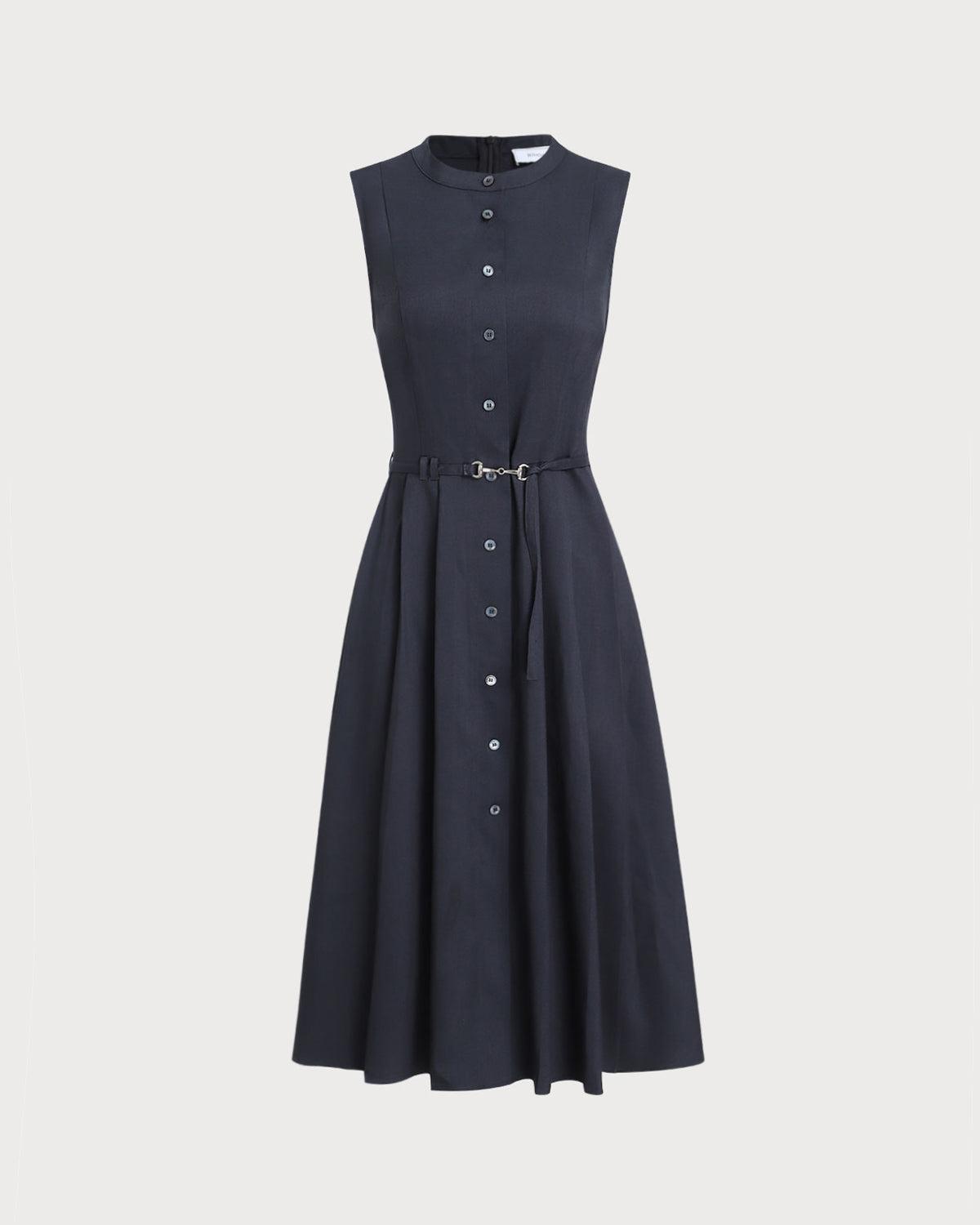 Navy Mock Neck High Waist Midi Dress Product Image