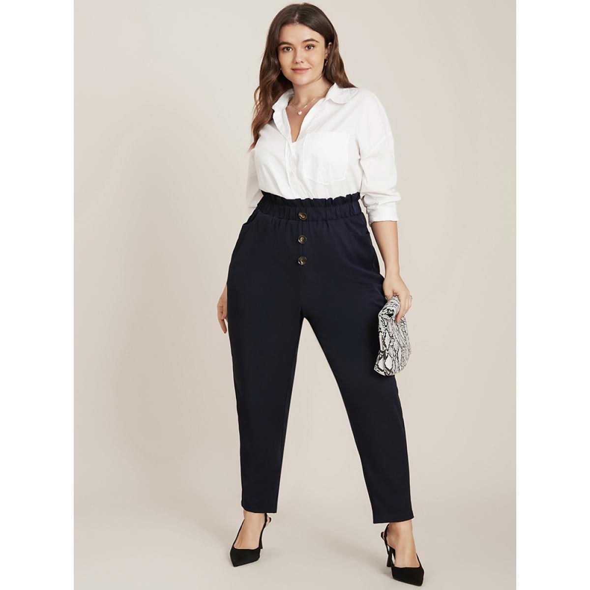 Plus Size Solid Paperbag Waist Button Detail Pocket Pants Women Indigo Casual Mid Rise Dailywear Pants BloomChic 14-16/1X Product Image