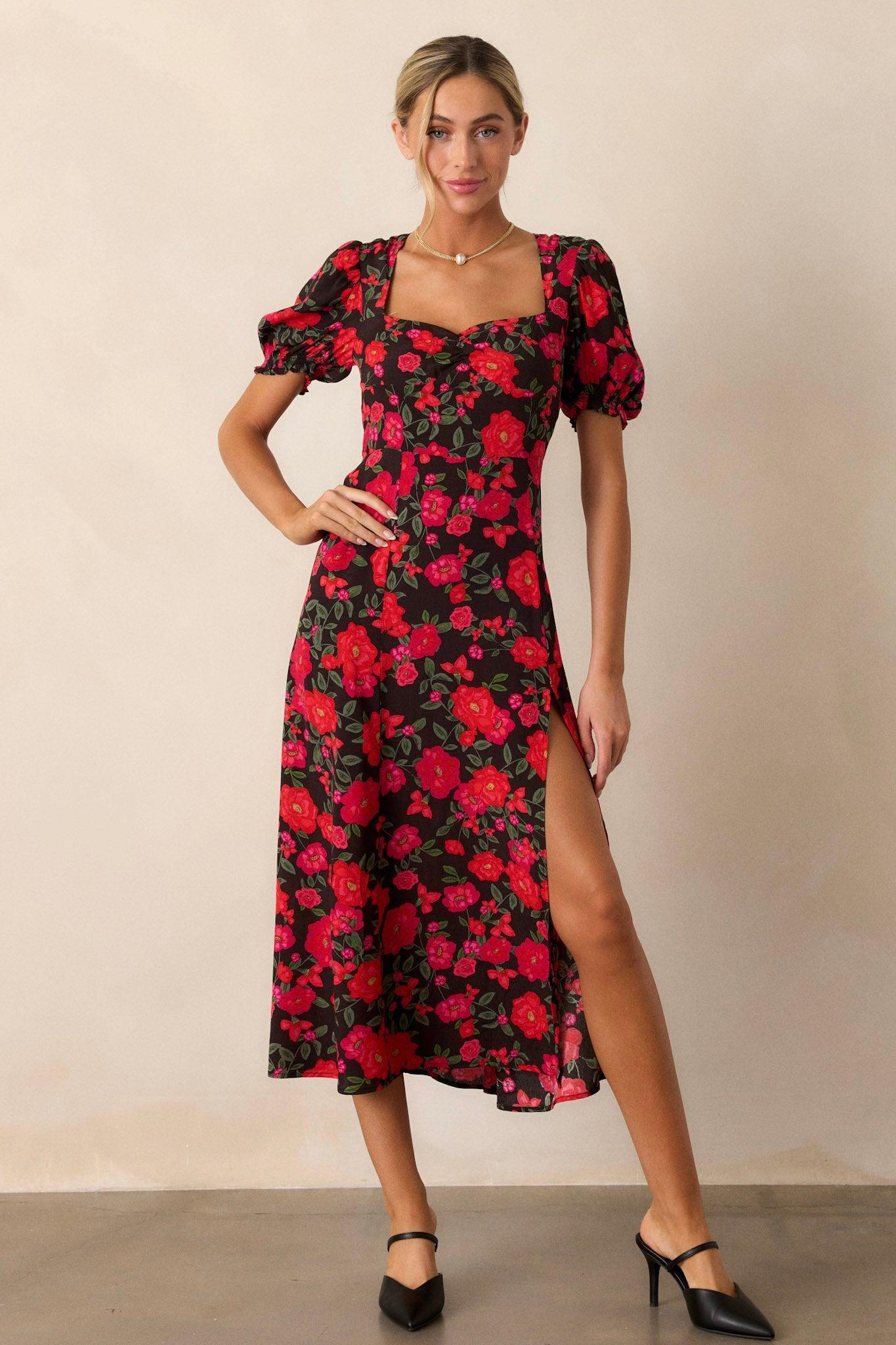All Eyes On You Red Floral Puff Sleeve Midi Dress Product Image