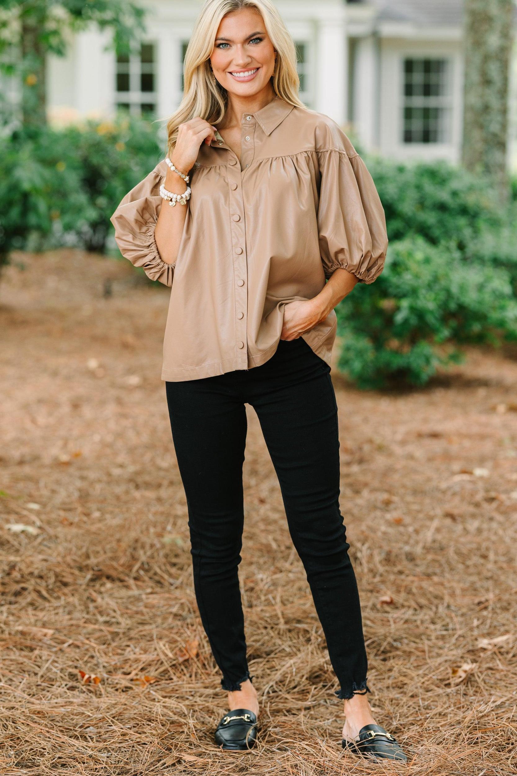 Back In Bold Camel Brown Faux Leather Blouse Female Product Image