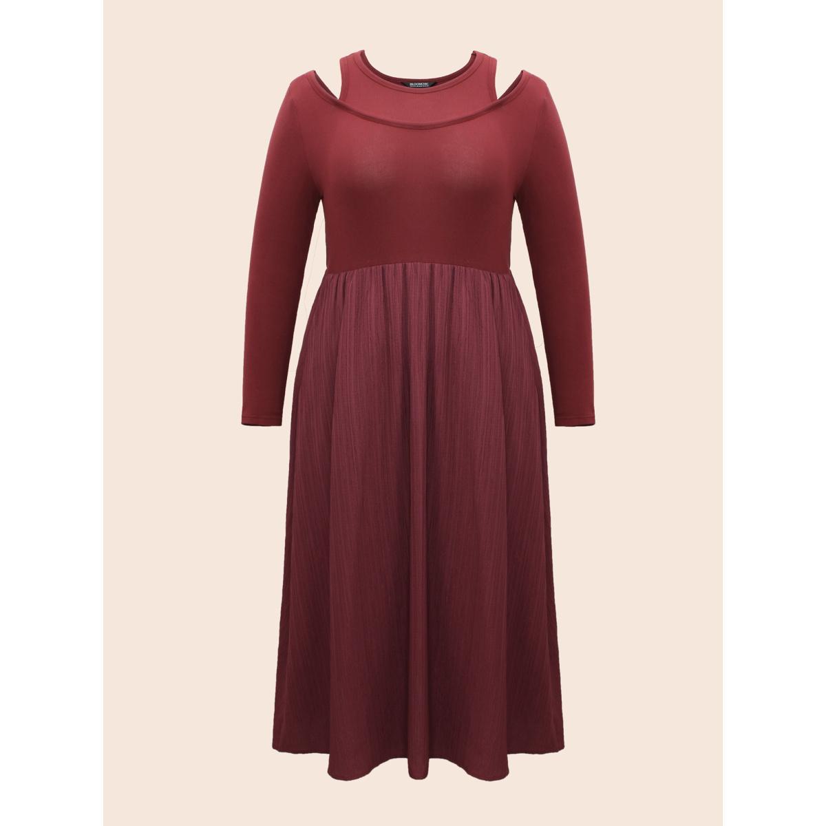 Plus Size 2-In-1 Patchwork Gathered Dress Burgundy Women Casual Texture Round Neck Long Sleeve Curvy BloomChic 26/4X Product Image