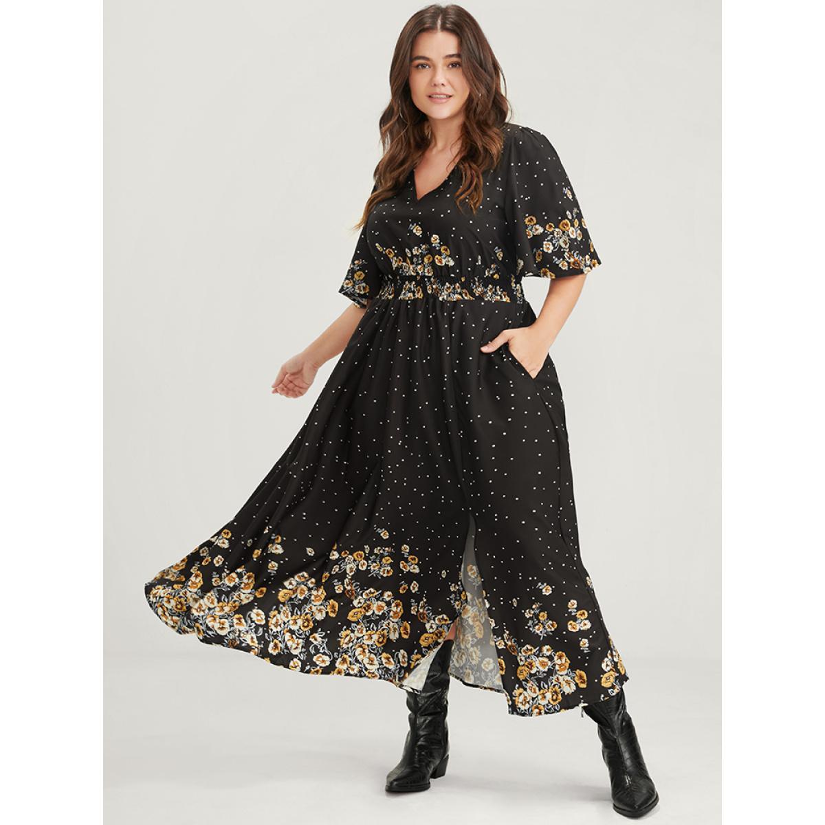 Plus Size Floral Pocket Split Hem Flutter Shirred Maxi Dress Black Women Casual Printed V-neck Half Sleeve Curvy Midi Dress BloomChic 28/5X Product Image