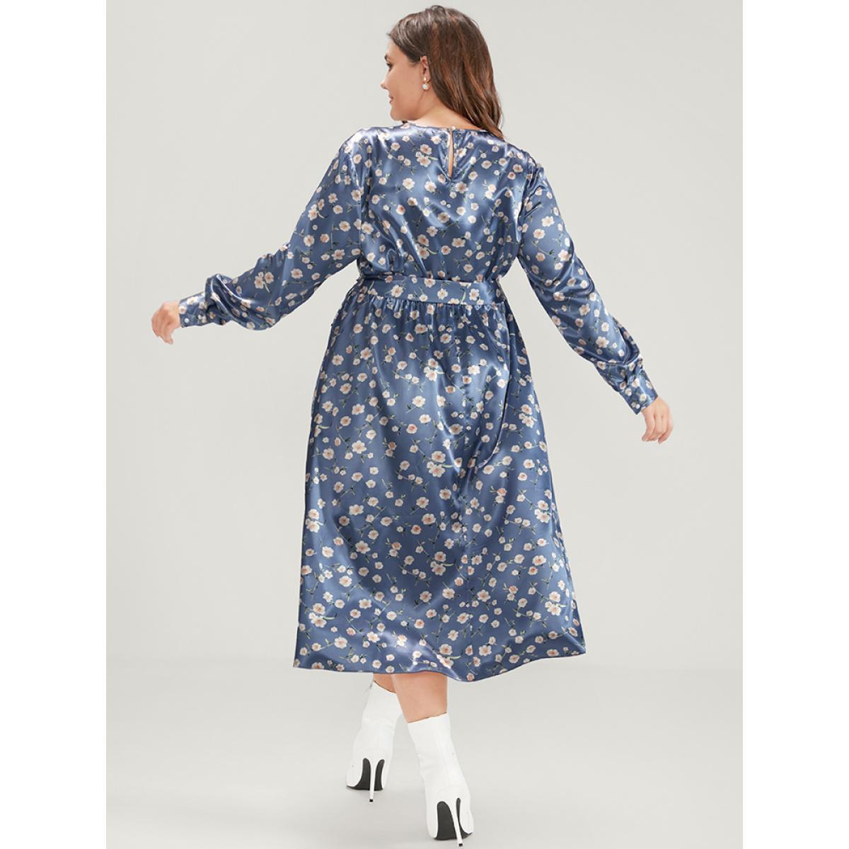 Plus Size Floral Keyhole Back Pocket Belted Satin Midi Dress Aegean Women Elegant Pocket Round Neck Long Sleeve Curvy Midi Dress BloomChic 30/6X Product Image