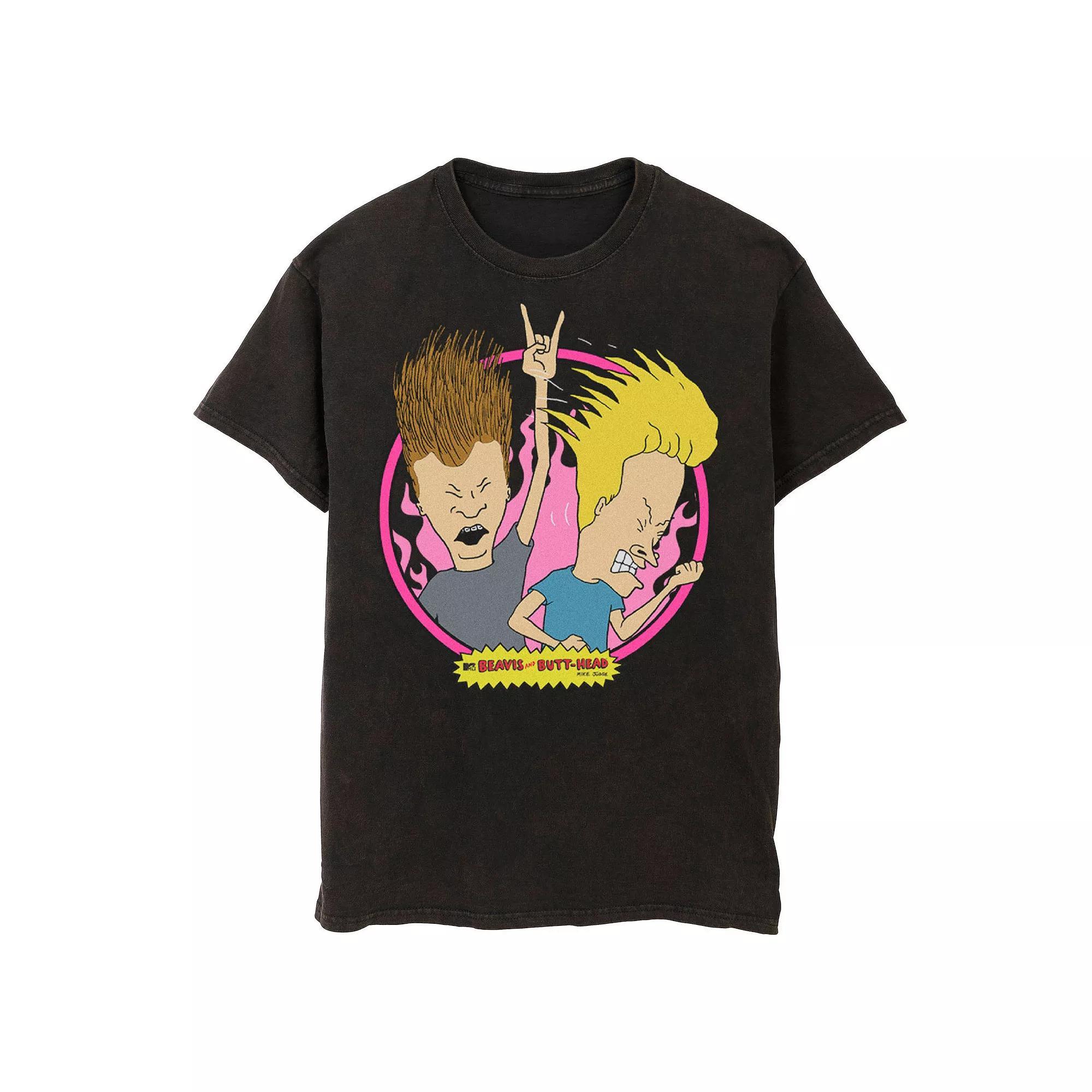 Men's Beavis And Butt-Head Flaming Background Badge Wash Graphic Tee, Size: Medium, Black Product Image