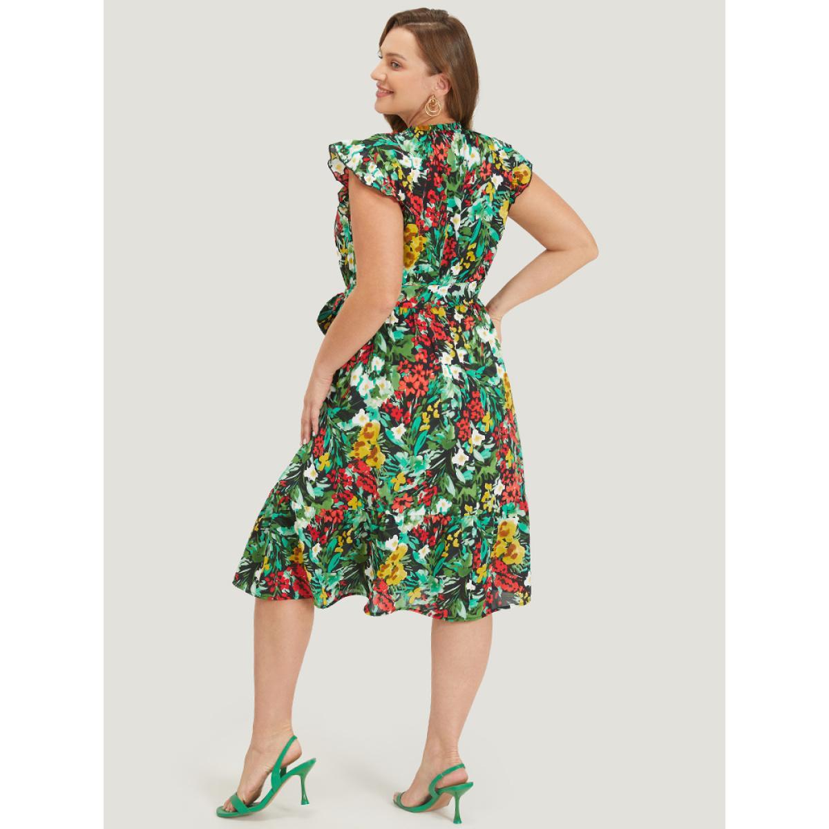 Plus Size Pixel Flower Ruffle Trim Pocket Belt Mock Neck Knee Dress Black Women Elegant Gathered Mock Neck Cap Sleeve Curvy Midi Dress BloomChic 22-24/3X Product Image