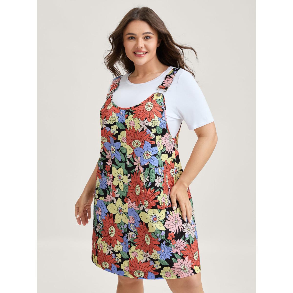 Plus Size Floral Print Textured Overall Straps Dress Multicolor Women Round Neck Sleeveless Curvy BloomChic 10/M Product Image