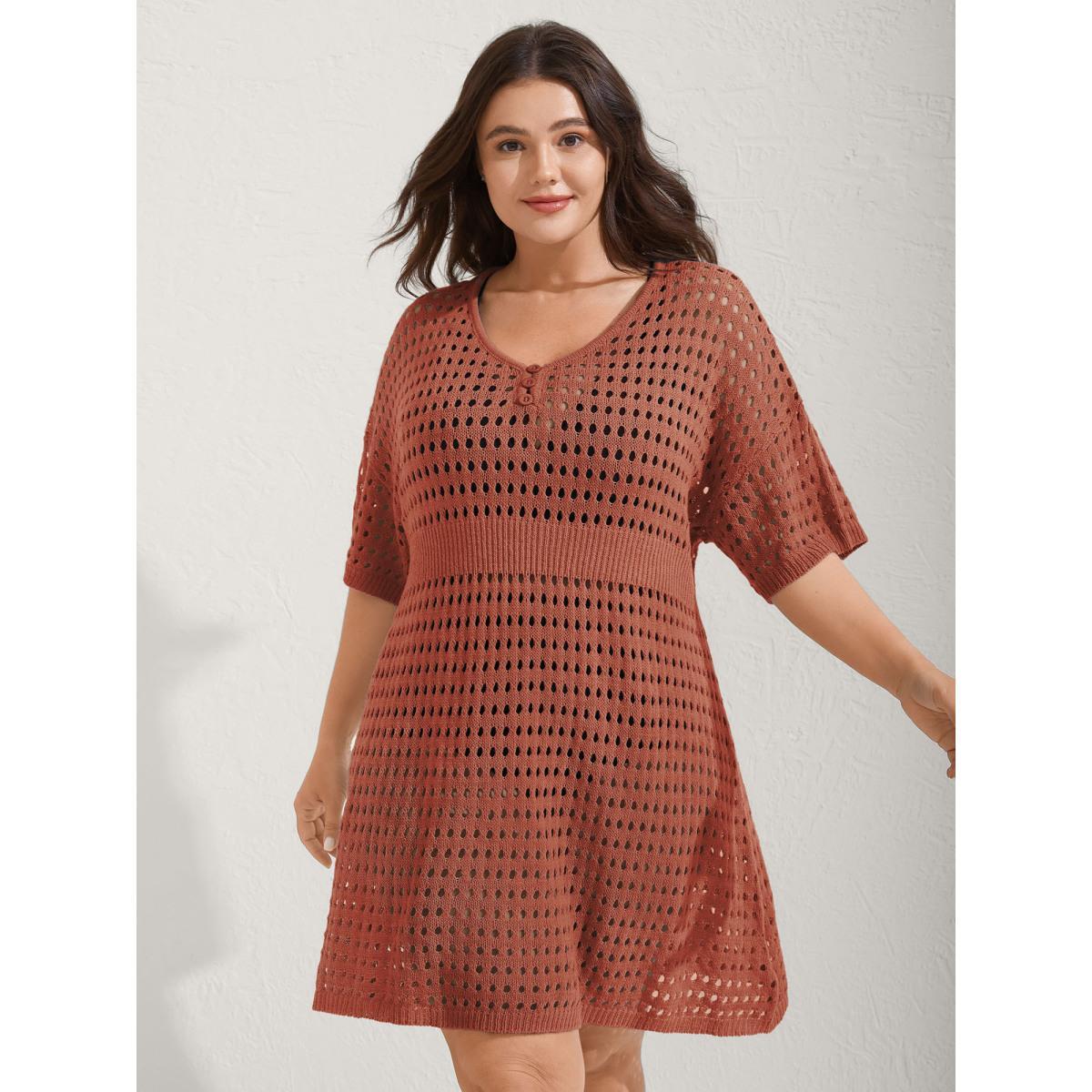 Plus Size Cut-Out Waist-Cinched Button Swim Cover-Up Women's Swimwear Rust Beach Loose Cut-Out Curve Swim Cover Ups BloomChic 28/5X Product Image